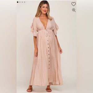 Light Pink Deep V-Neck Button Down Maternity Maxi Dress